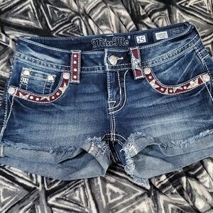 Miss Me Blue and Red Jean Shorts with Embellishments